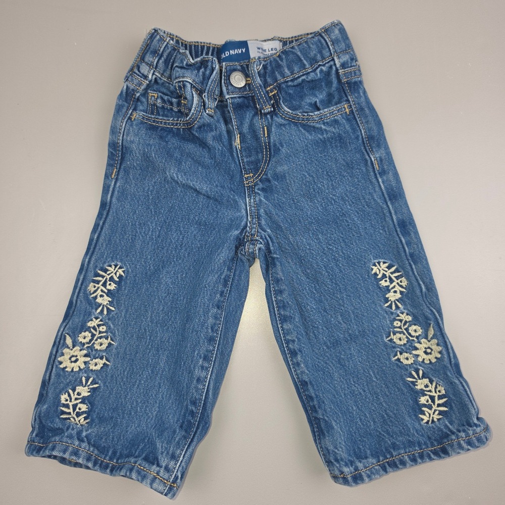 Old Navy Jeans Kids 12-18M Blue EUC Floral Embroidered Wide Leg Adjustable Waist